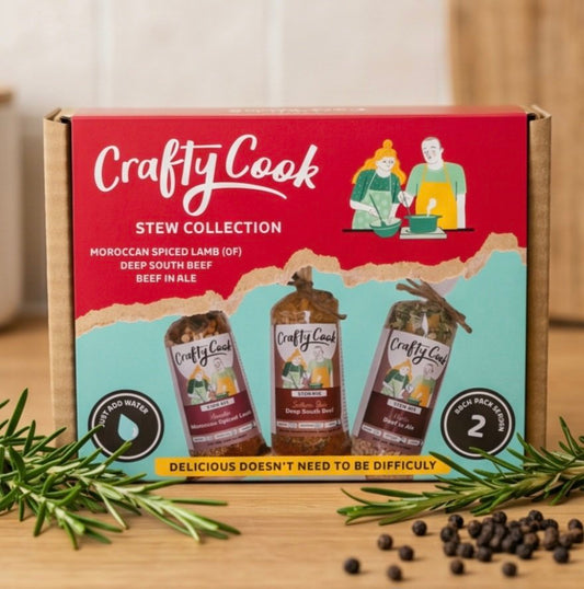 Crafty Cook Stew Collection with three 2-serving meal containers in assorted all-purpose dishes.