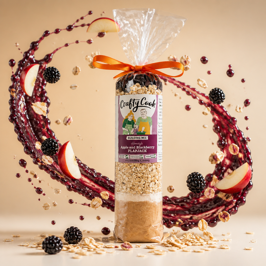 Gluten-free Apple and Blackberry Flapjack Mix by Crafty Cook, showcasing the ready-to-make baking mix in a colorful package.