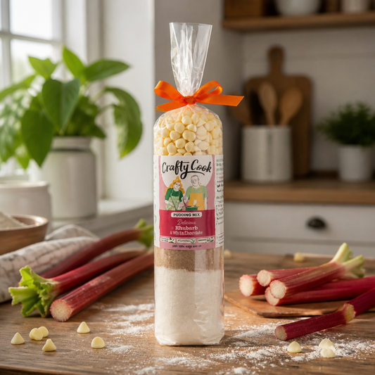 Gluten-free Rhubarb Blondie Mix by Crafty Cook, showing a packaged baking mix with bright pink and green labeling.