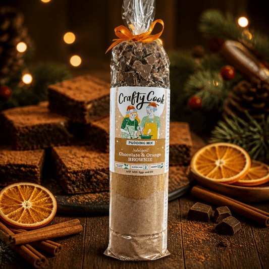 Gluten-free Christmas chocolate and orange brownie mix by Crafty Cook, showing a ready-to-bake brownie mix package.