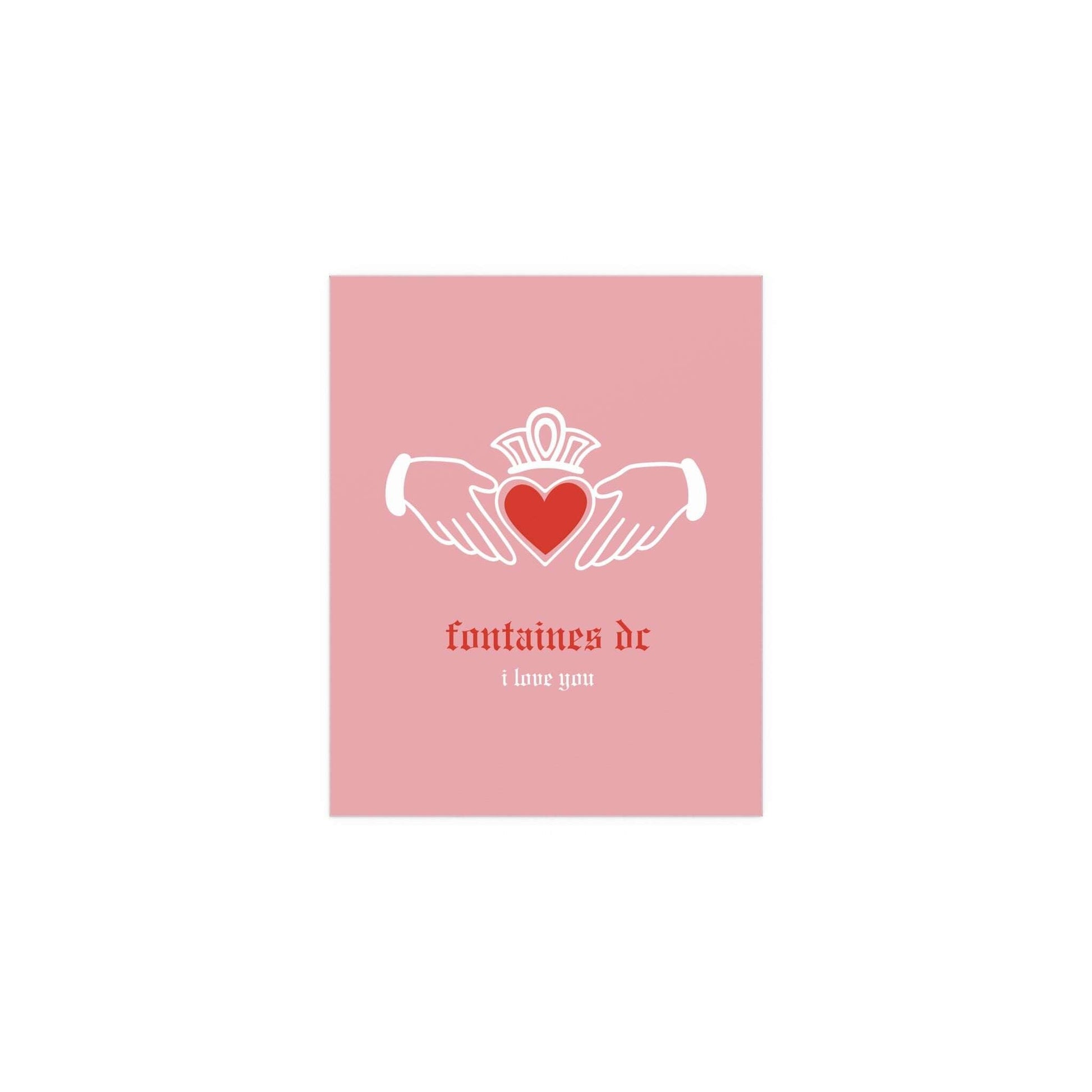 Colorful poster of Fontaines DC "I Love You" Irish Claddagh design with pink and red accents, printed by Glow On Prints.