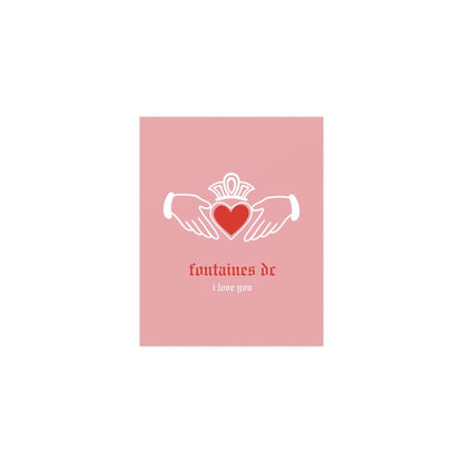 Colorful poster of Fontaines DC "I Love You" Irish Claddagh design with pink and red accents, printed by Glow On Prints.