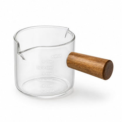 KNOCDIC® 100ml glass espresso measuring cup with wooden handle, clear glass with measurement markings for precise coffee measuring.