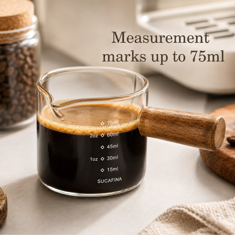KNOCDIC® 100ml glass espresso measuring cup with wooden handle, clear markings for precise coffee measurement.