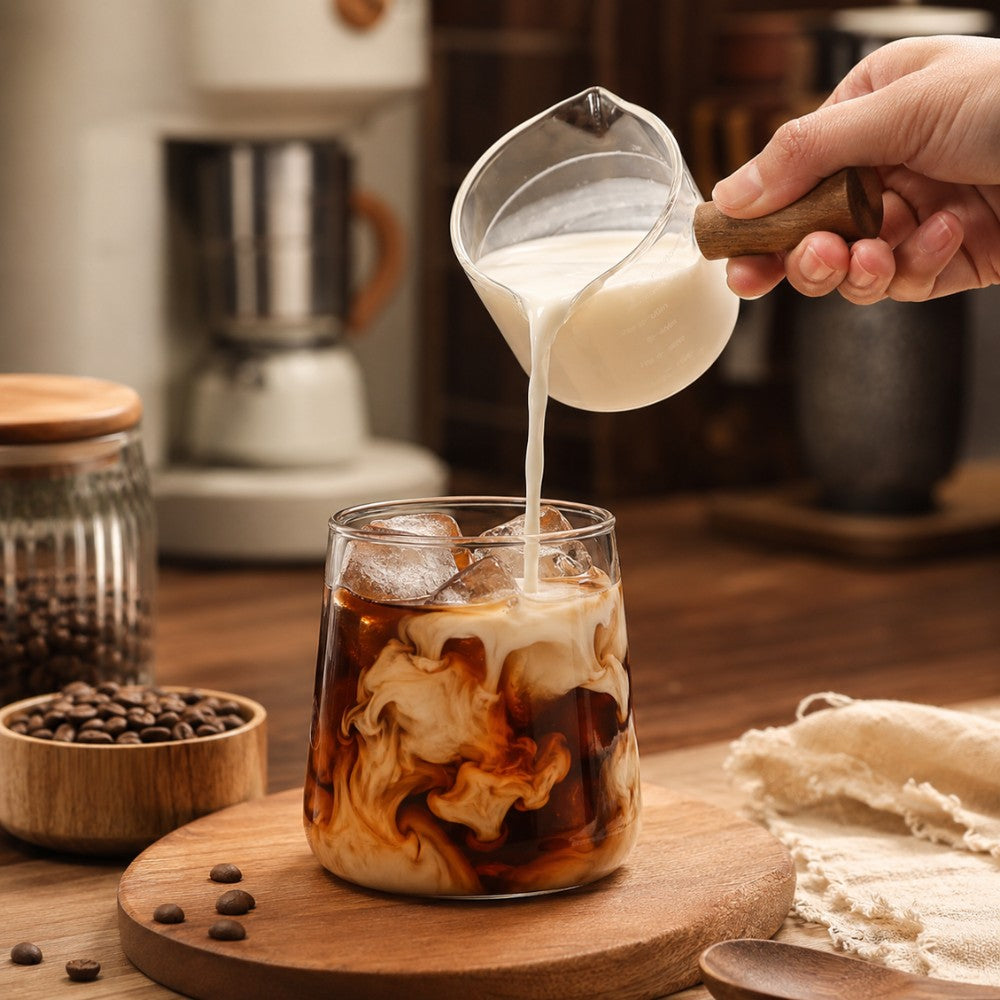 KNOCDIC® 100ml glass espresso measuring cup with wooden handle, shown pouring espresso into the cup.