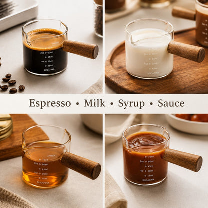 KNOCDIC® 100ml glass espresso measuring cup with wooden handle, ideal for precise espresso or sauce measurements.