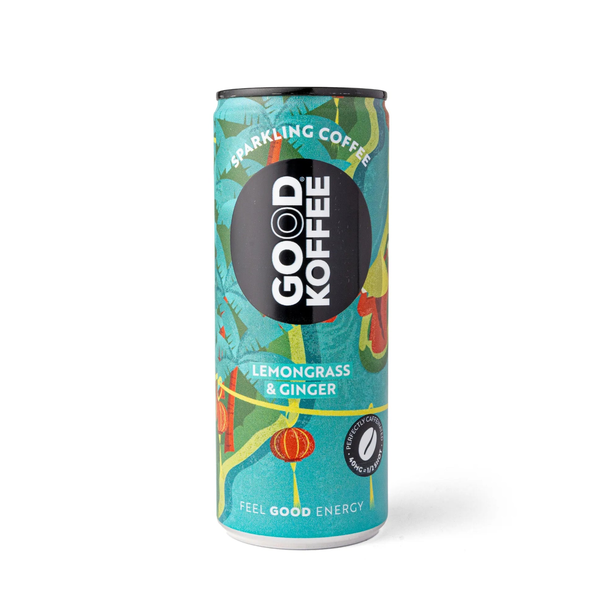 Sparkling coffee can with lemongrass and ginger flavor from GOOD KOFFEE, 12-pack, showing cans with vibrant packaging.