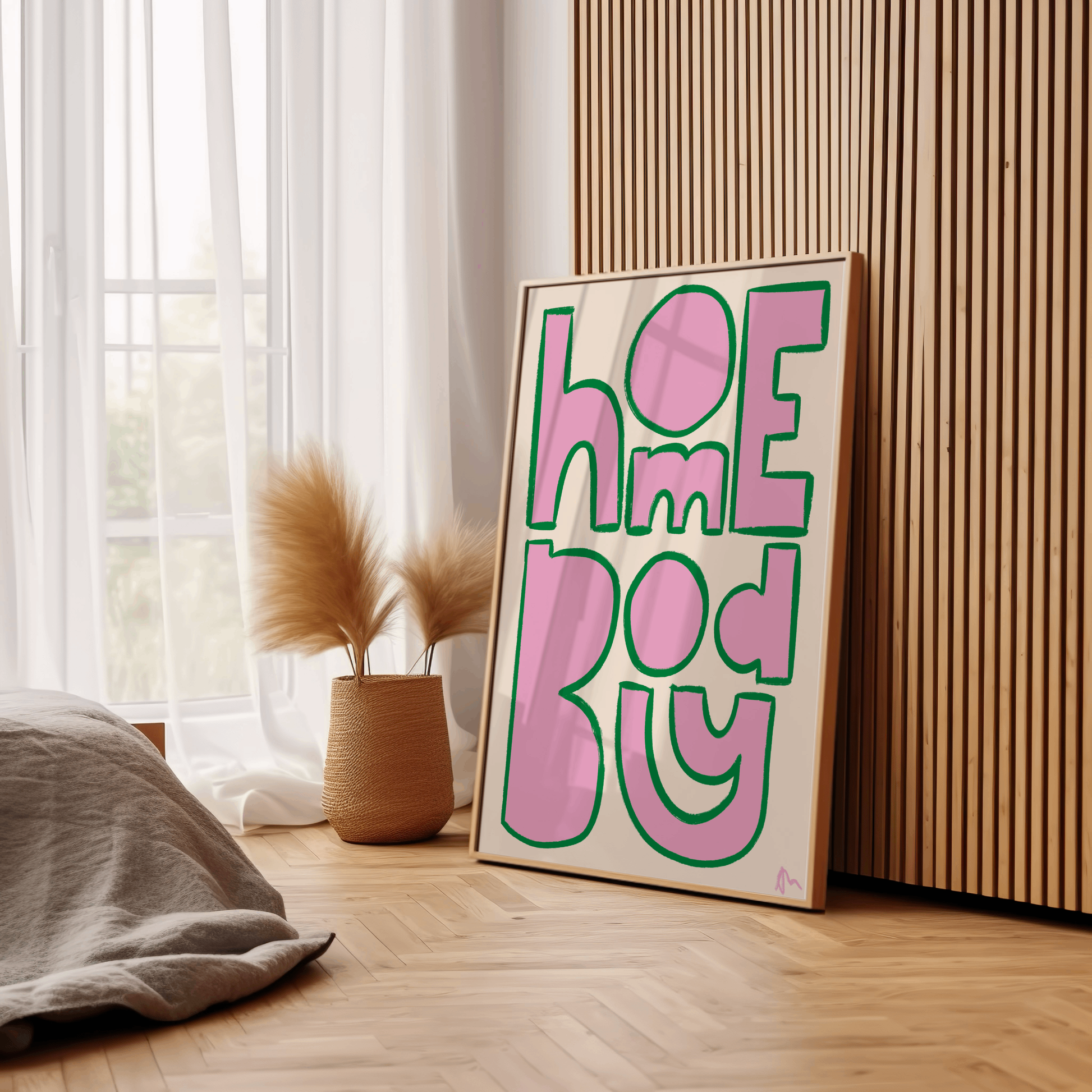 Pink and green living room wall art by Peak Prints featuring a bright, bold floral print for home decor.