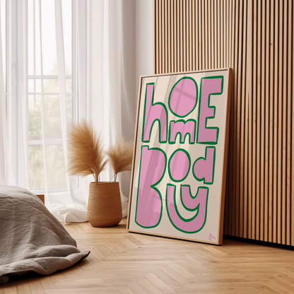 Pink and green living room wall art by Peak Prints featuring a bright, bold floral print for home decor.