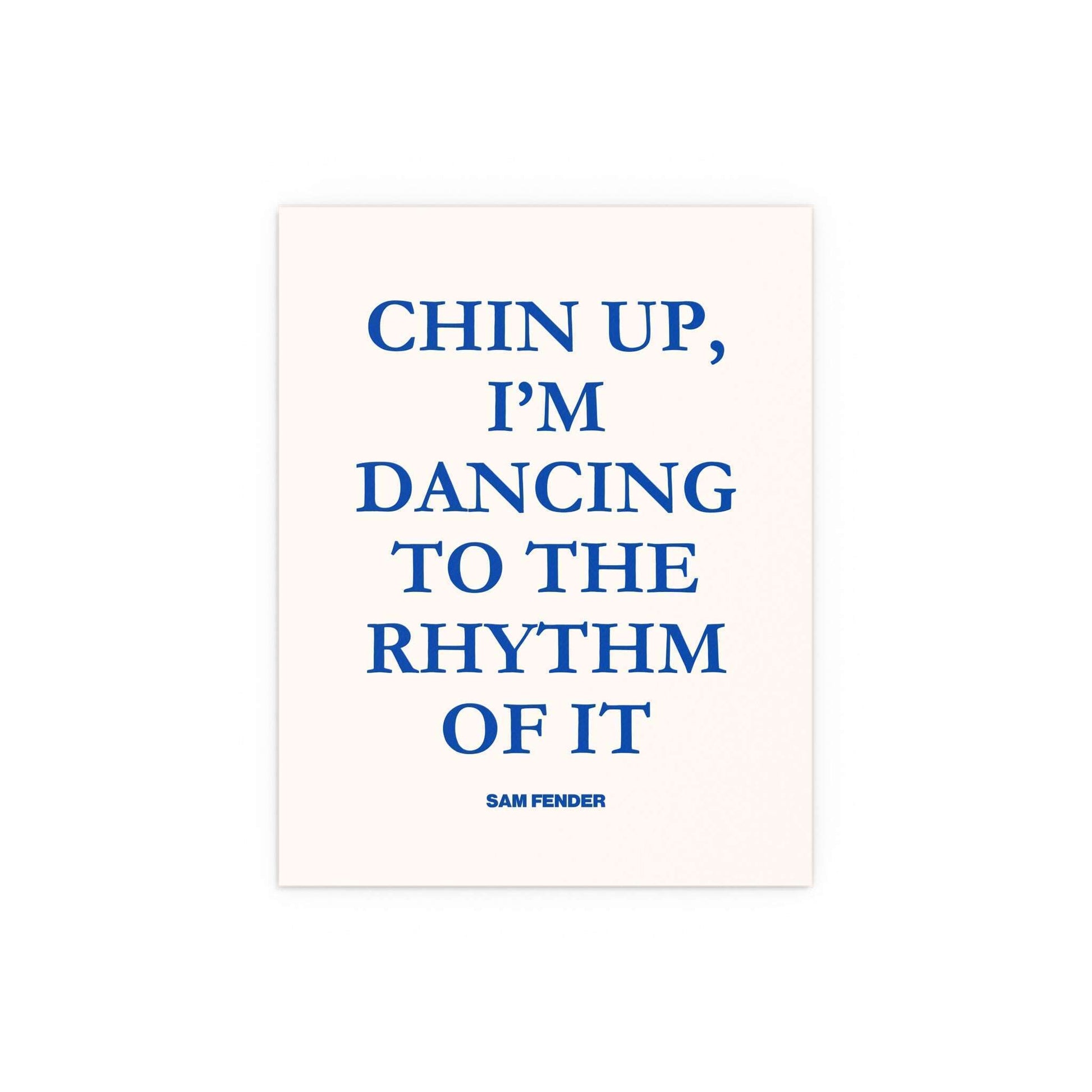 Blue and off-white poster of Sam Fender's "Chin Up" by Glow On Prints, featuring vibrant artwork of the musician.