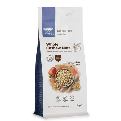 Whole Food Earth whole cashew nuts in a bowl, showing their smooth, curved shape and creamy color, ideal for snacking or cooking.