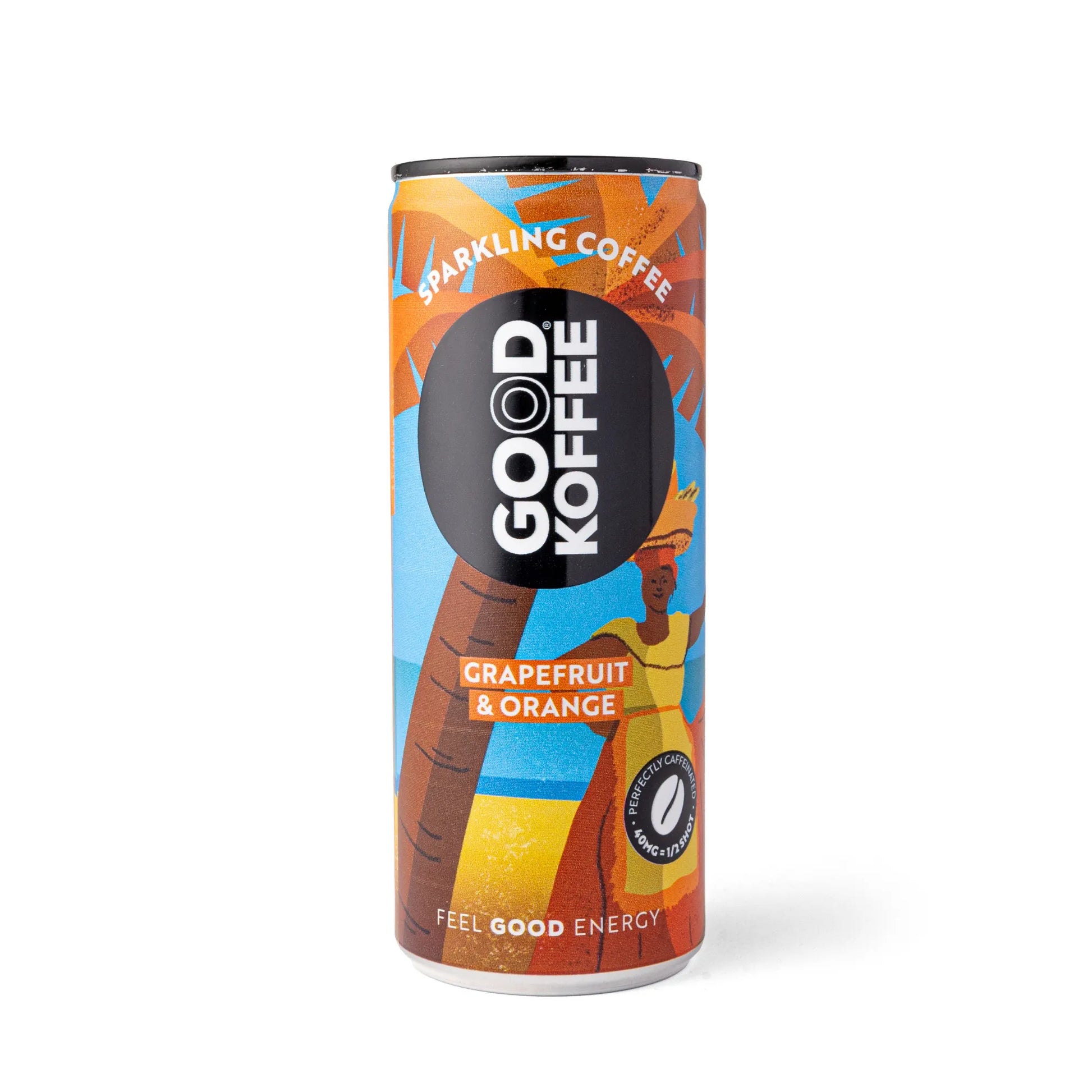 Good Koffee grapefruit and orange sparkling coffee 12-pack, refreshing Barbados beverage with citrus flavor, in cans.