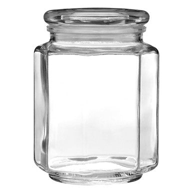 Orsina Abbie clear glass hexagonal storage jar, 780ml, viewed from the front