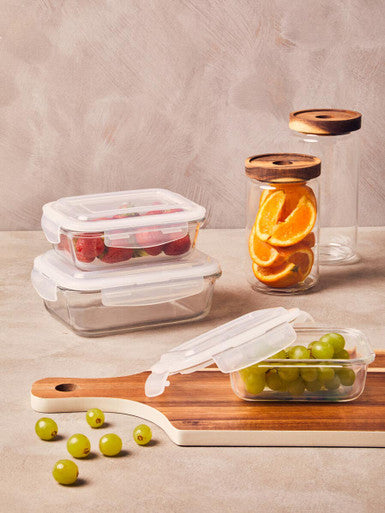 Orsina 800ml glass storage jar with acacia wood lid, clear cylindrical kitchen container