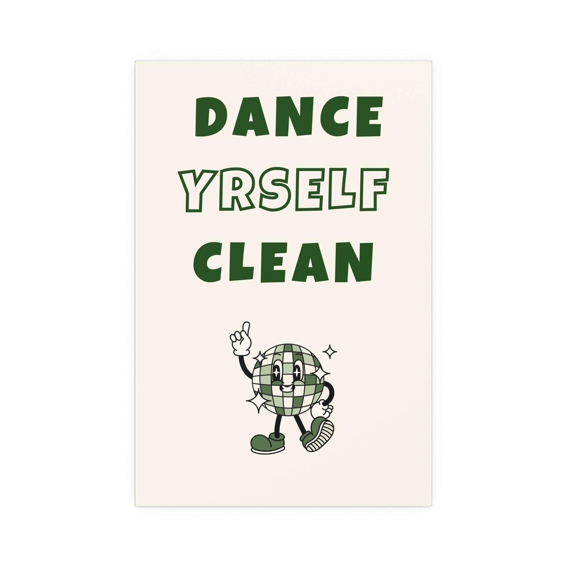 Off-white and green LCD Soundsystem "Dance Yrself Clean" poster by Glow On Prints featuring bold typography and modern design.