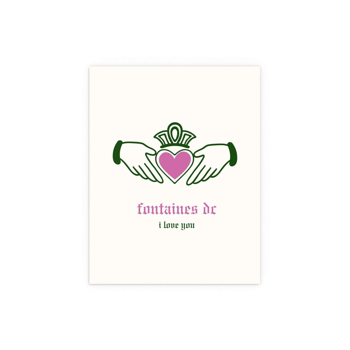 Irish Claddagh poster by Fontaines DC in off-white, green, and pink colors, featuring a musical and cultural design.