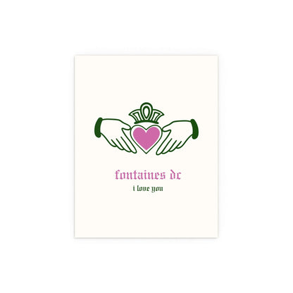 Irish Claddagh poster by Fontaines DC in off-white, green, and pink colors, featuring a musical and cultural design.