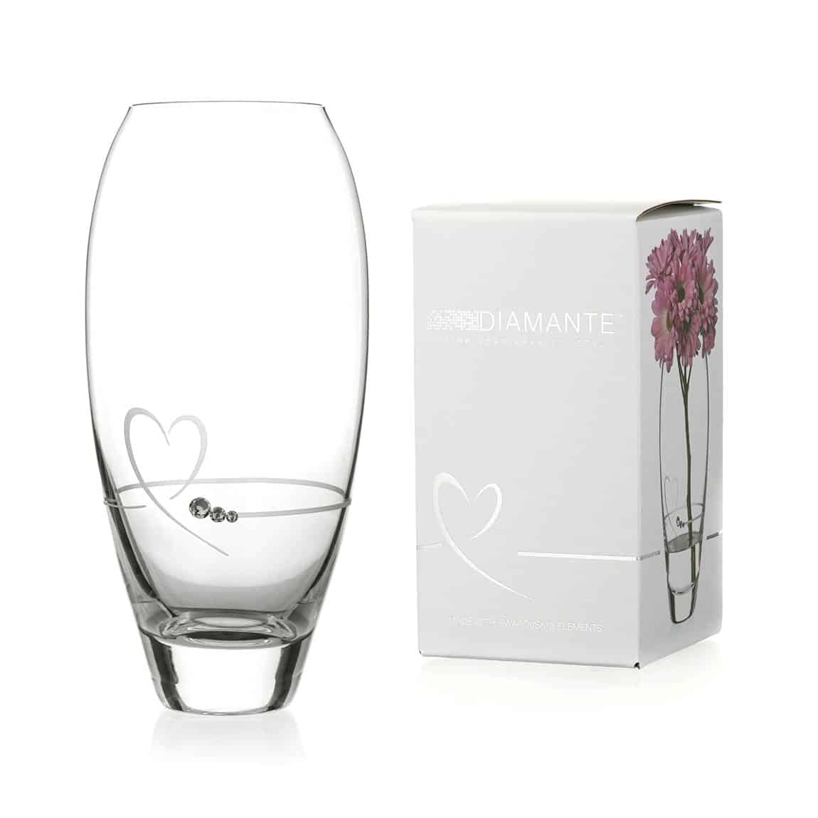 Glassware UK Diamante Petit Vase with heart design, 18cm tall, displayed in a gift box, featuring sparkling embedded diamantes.
