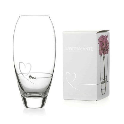 Glassware UK Diamante Petit Vase with heart design, 18cm tall, displayed in a gift box, featuring sparkling embedded diamantes.