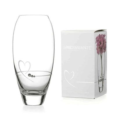 Glassware UK Diamante Petit Vase with Heart Design, 18cm tall in a gift box, featuring a clear glass vase with embedded diamond accents.