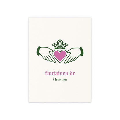 Irish Claddagh poster by Glow On Prints featuring Fontaines DC's "I Love You" design with off-white, green, and pink colors.