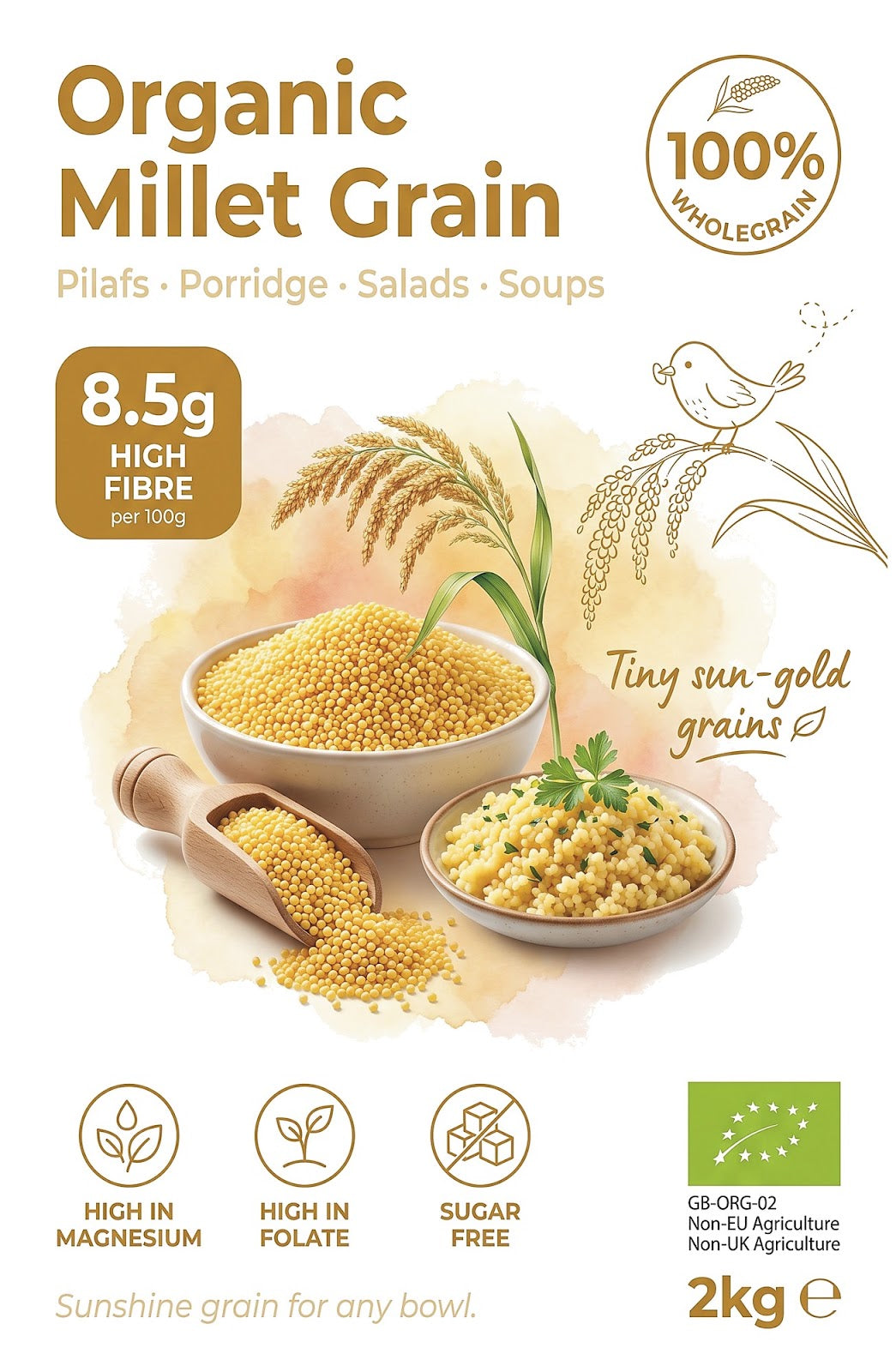 Organic millet grain from Whole Food Earth, showing small, round, yellowish millet seeds in a close-up view.
