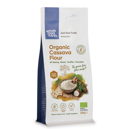 Organic cassava flour from Whole Food Earth, close-up of a bag of gluten-free cassava flour on a white background.