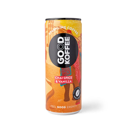 Sparkling coffee bottles featuring chai spice and vanilla flavor from GOOD KOFFEE, 12-pack, with colorful packaging.