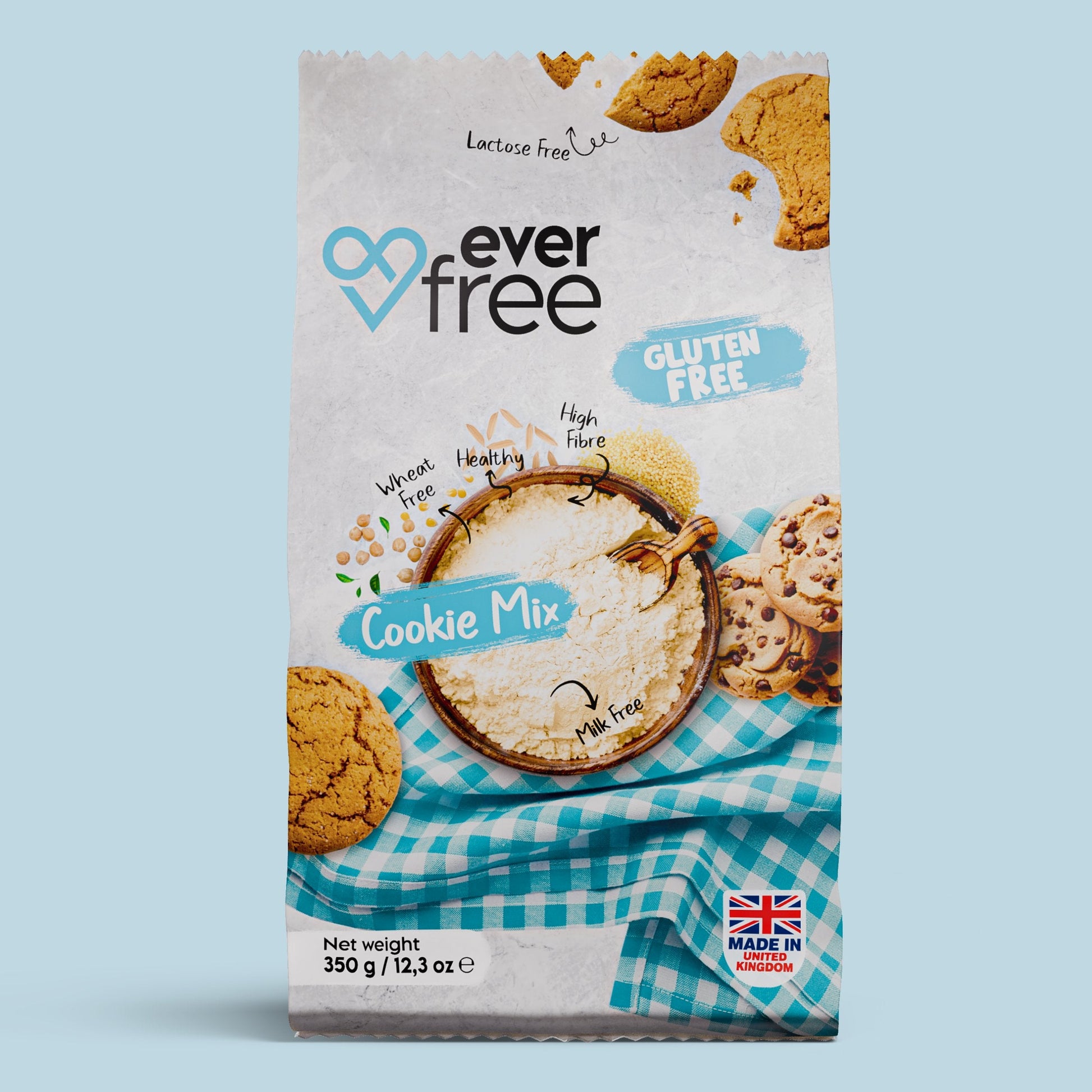 EverFree gluten-free cookie mix in a 350g pack, showing crispy cookies made from the gluten-free EverFree baking mix.