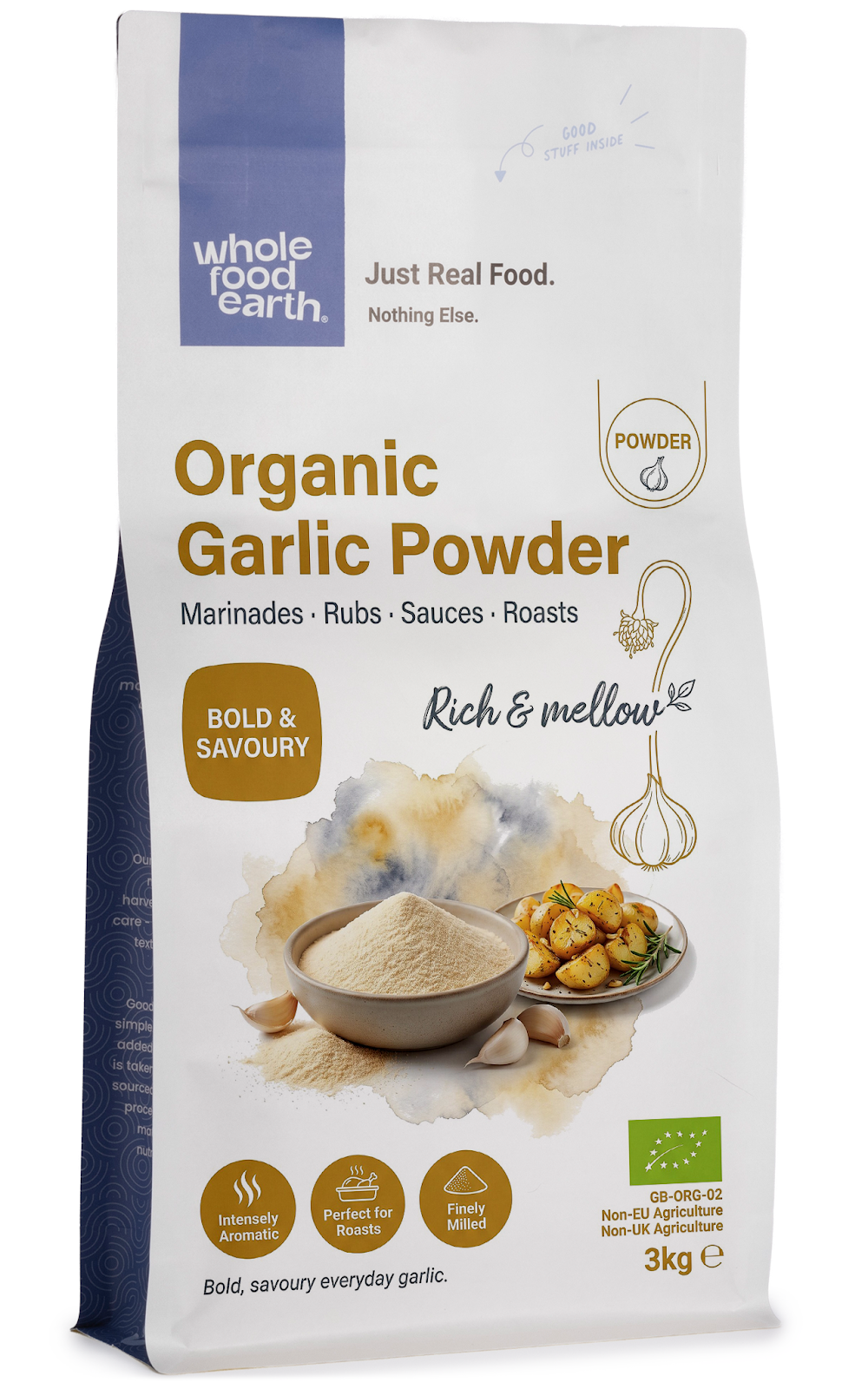 Organic garlic powder from Whole Food Earth, fine ground herb spice in a clear glass jar on a white background.