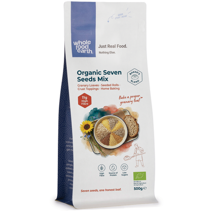 Organic Seven Seeds Mix from Whole Food Earth, showing a colorful blend of seven different seeds in a clear bowl.