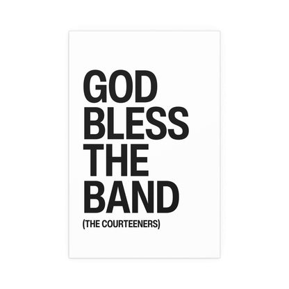 White and black poster of the Courteeners' "God Bless The Band" design by Glow On Prints, featuring bold band artwork.