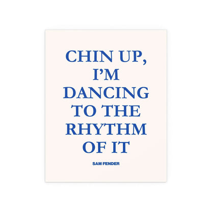 Blue and off-white poster of Sam Fender titled "Chin Up" by Glow On Prints, featuring a vibrant portrait of the singer.