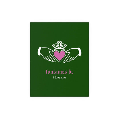 Green Irish Claddagh poster by Fontaines DC, featuring a design inspired by Irish cultural symbols, from Glow On Prints.