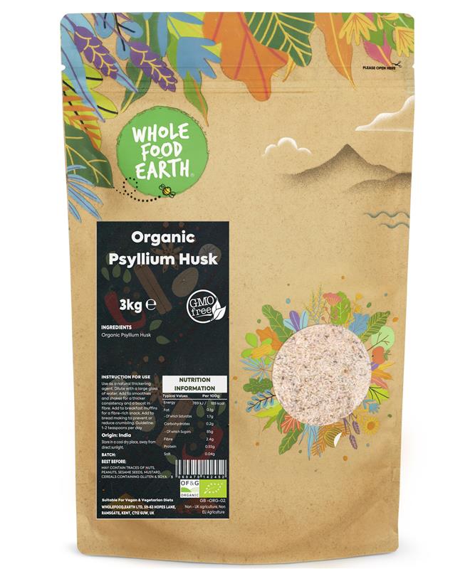 Organic Psyllium Husk in a resealable bag, natural fiber supplement from Whole Food Earth for digestive health.