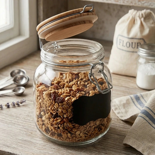Orsina 1000ml glass storage jar with wooden lid for kitchen organization