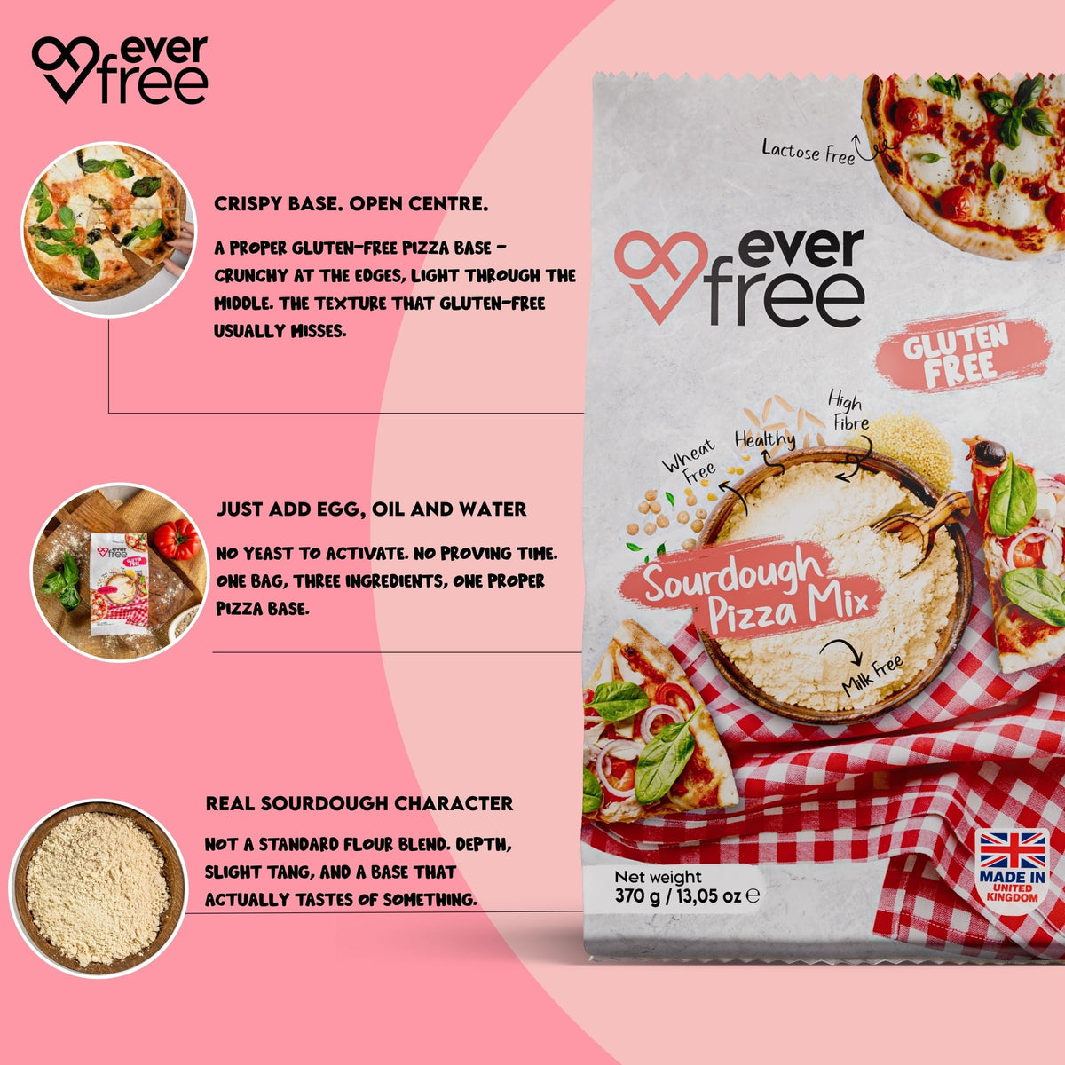 EverFree gluten-free pizza mix in 350g packs, showing a prepared pizza topped with cheese and vegetables on a baking tray.