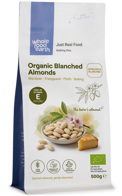 Organic blanched almonds from Whole Food Earth, raw nuts and seeds, showing whole and sliced almonds on a white background.