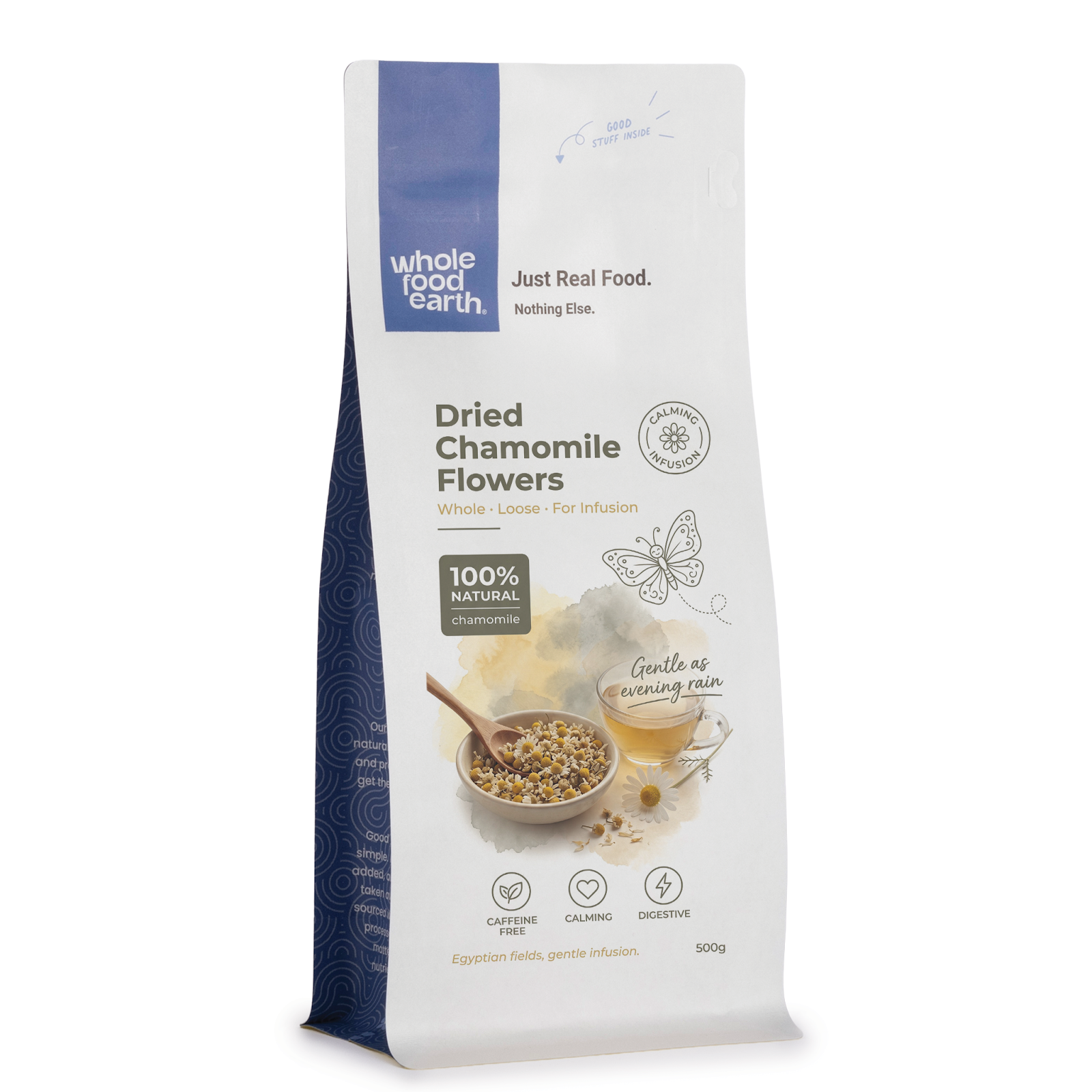 Dried chamomile flowers for tea from Whole Food Earth, loose herbal herbs and spices, natural and aromatic for brewing.