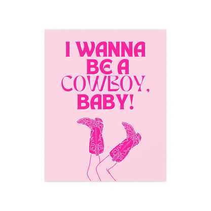 Pink poster of CMAT's "I Wanna Be a Cowboy, Baby" by Glow On Prints, featuring vibrant colors and bold typography.