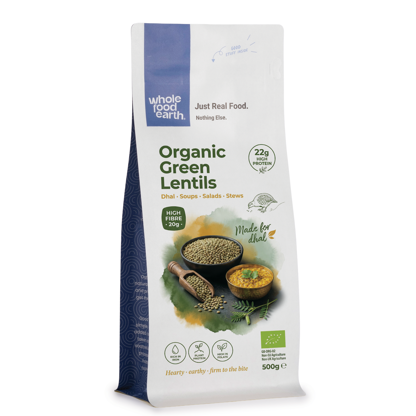 Organic green lentils from Whole Food Earth, close-up of dried beans in a bowl, showcasing fresh, whole pulses.
