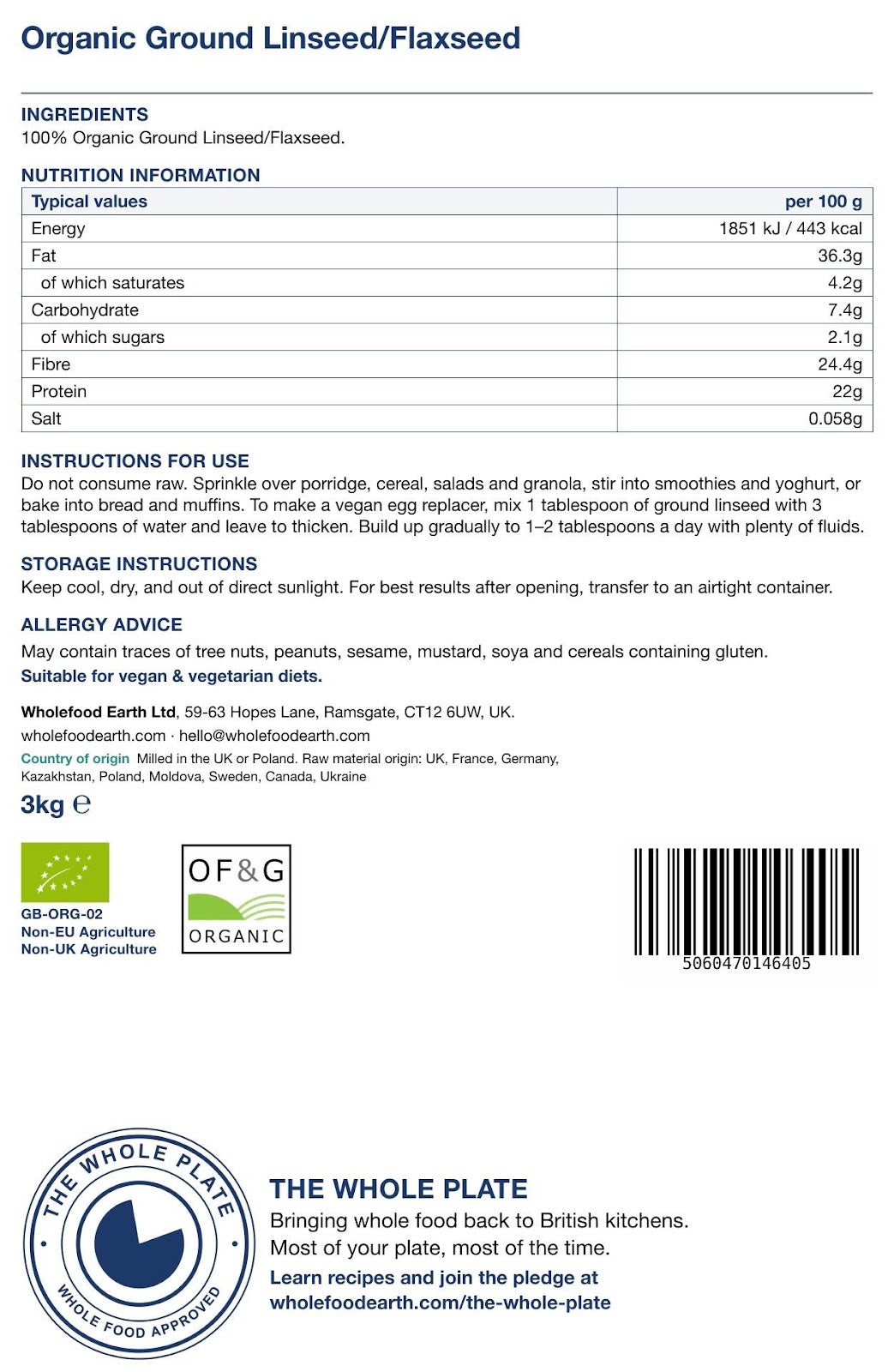 Organic ground flaxseed from Whole Food Earth, shown in a clear container with loose flaxseed on a wooden surface.