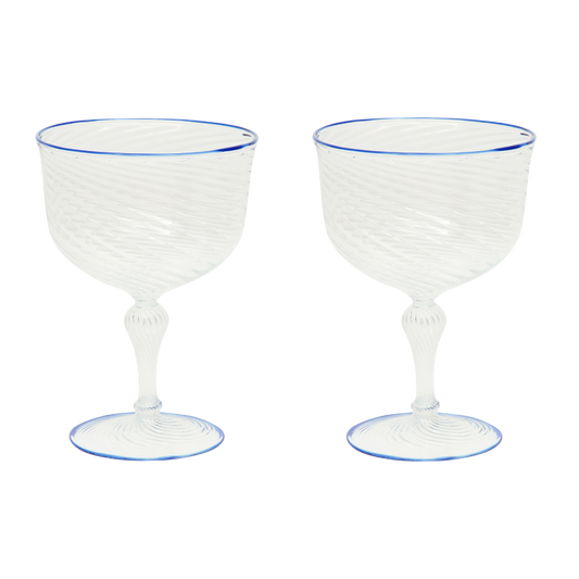 Set of two blue Dido Coupe glasses by domenicamarland, featuring elegant stemware design for wine or drinks.