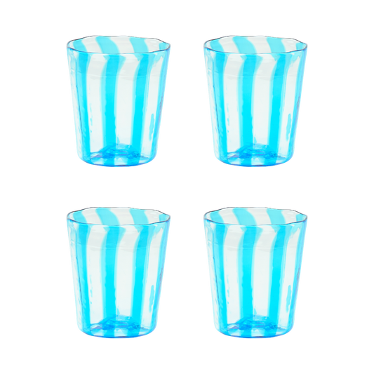 Set of four turquoise Giorgio tumblers by domenicamarland, showcasing sleek glassware with a vibrant, modern design.