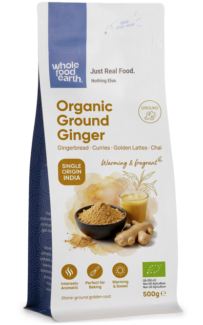Organic ground ginger from Whole Food Earth, a fine herb and spice powder with a warm, aromatic flavor for cooking and baking.