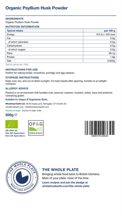 Organic Psyllium Husk Powder in a resealable bag, specialty product by Whole Food Earth, used for dietary fiber and digestive health.