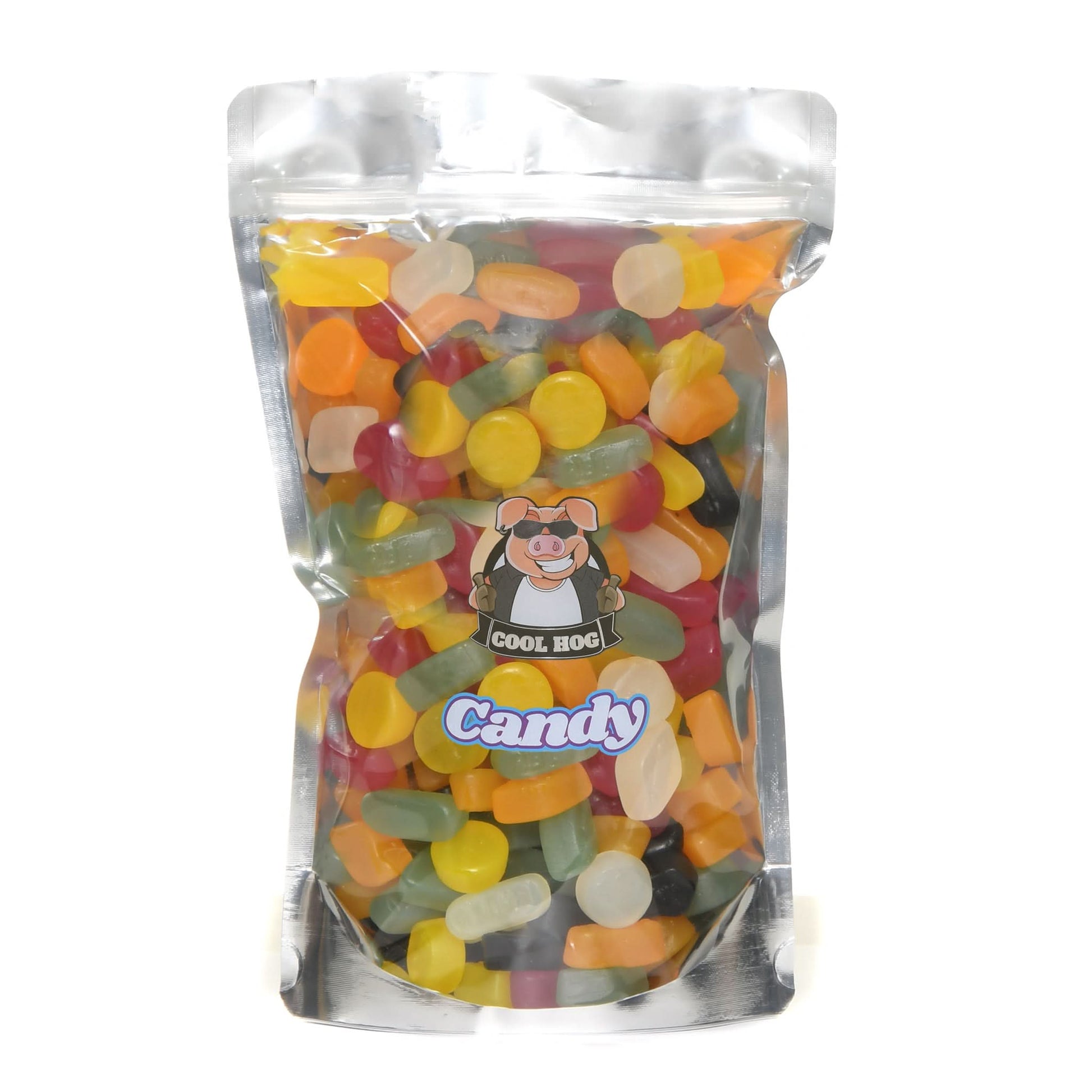 Assorted traditional wine gums candy in a resealable 1kg bag from Cool Hog Snacks, showing colorful gum pieces.