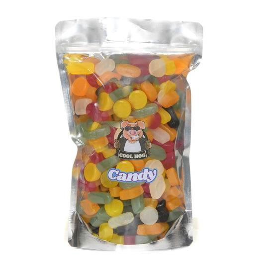 Assorted traditional wine gums candy in a resealable 1kg bag from Cool Hog Snacks, showing colorful gum pieces.