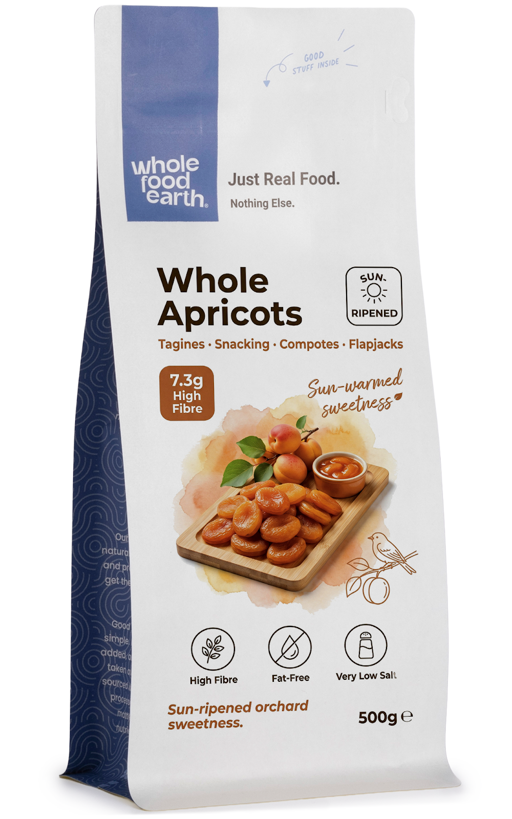 Dried whole apricots from Whole Food Earth, large size, showcasing their bright orange color and plump, dried fruit appearance.