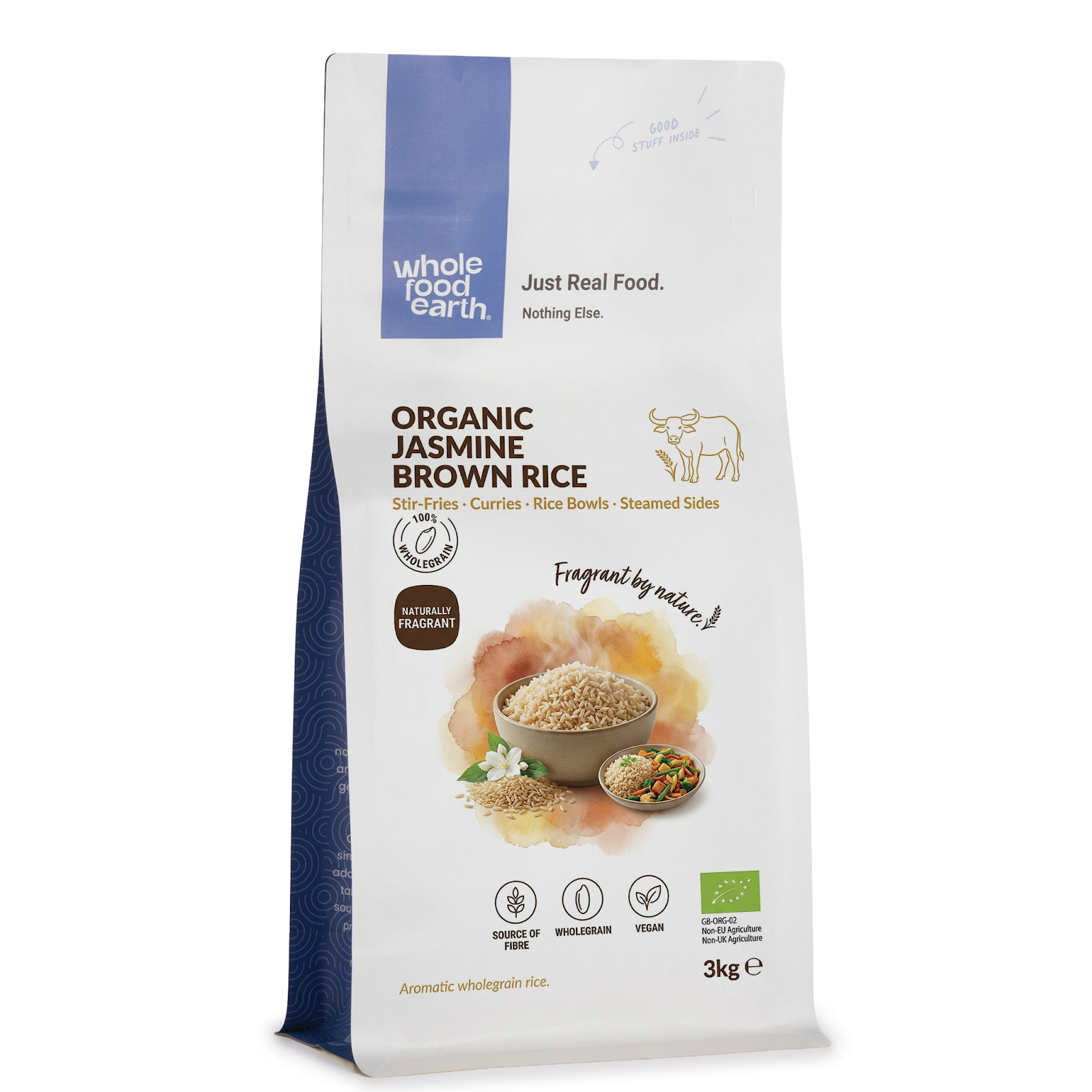 Organic Jasmine Brown Rice from Whole Food Earth, showcasing a close-up of the uncooked rice grains in a bowl.